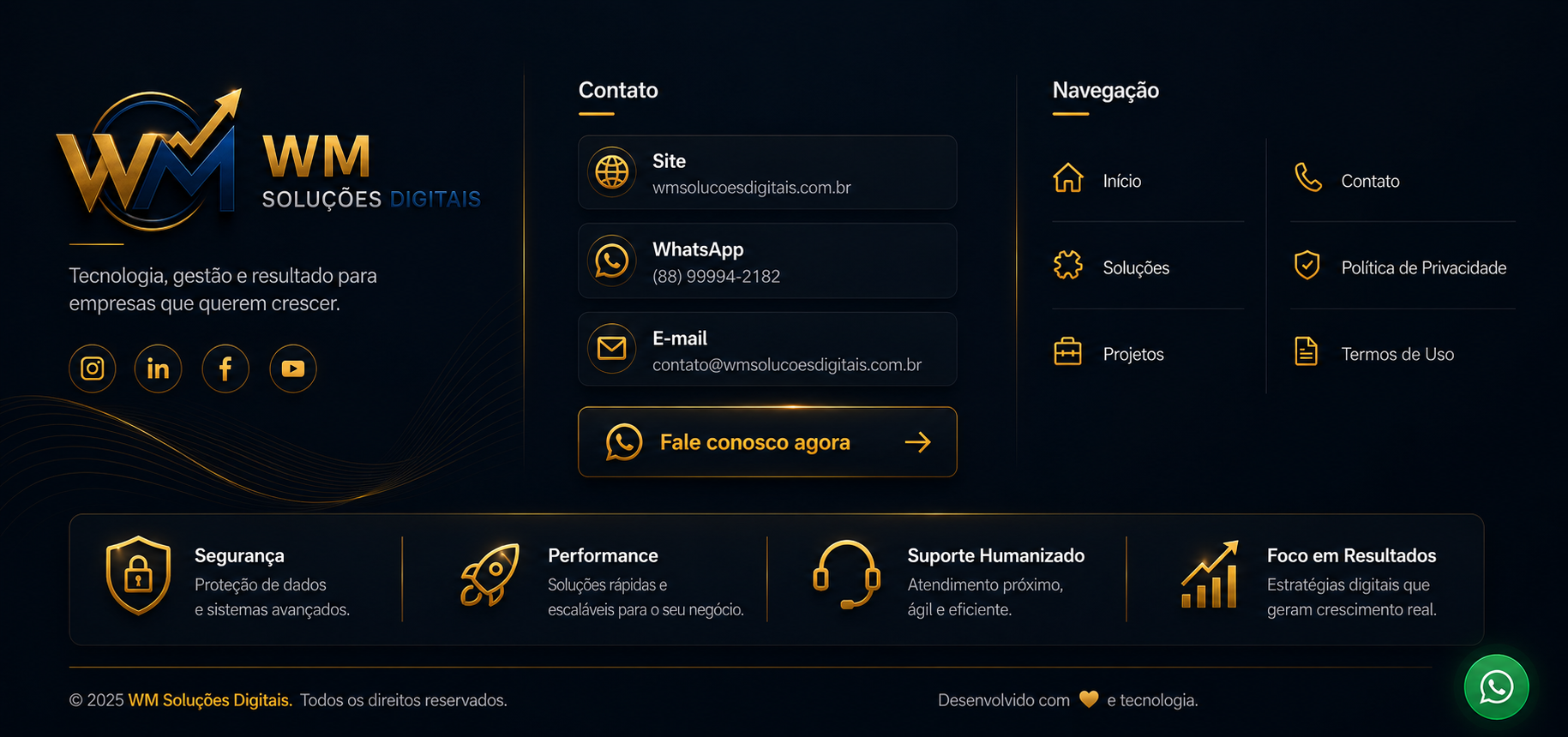 Rodapé WM Soluções Digitais com logomarca oficial, contatos, navegação e chamada para WhatsApp