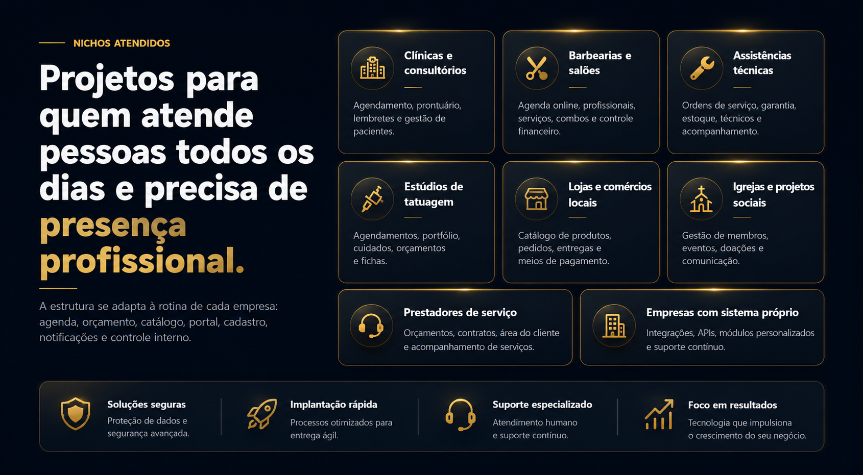 Nichos atendidos: projetos para clínicas, barbearias, assistências técnicas, estúdios de tatuagem, lojas, igrejas, prestadores de serviço e empresas com sistema próprio